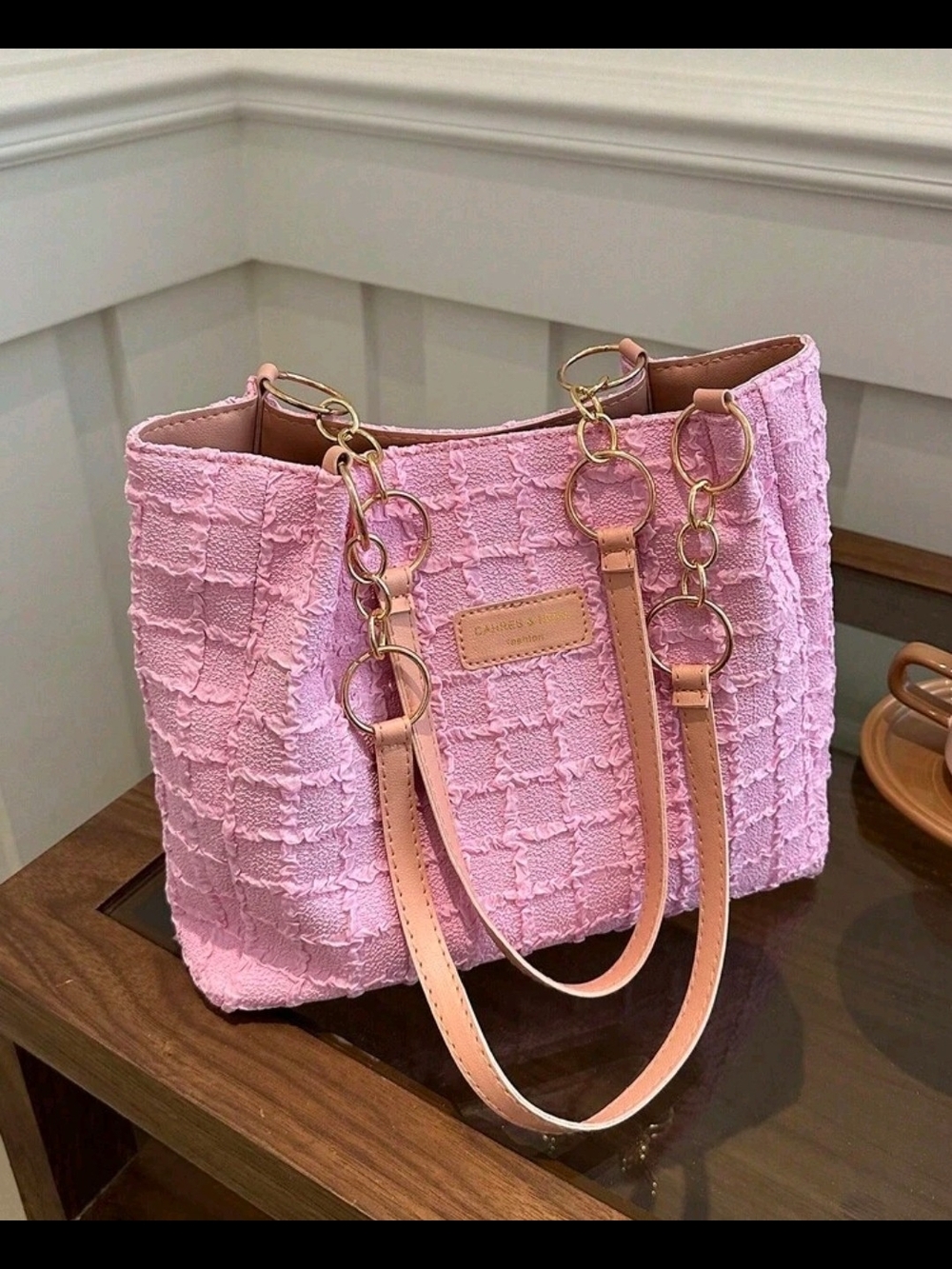 NWOT Pink Textured Tote Bag with Gold Hardware - Unbranded.
